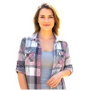 Croft & Barrow Top Cotton L Pink Gray Plaid Button Up  Softgirl Casual Petite